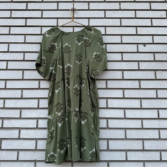 Old Navy V-Neck Mini Swing Dress Olive Green Block Print Tiered Cotton Blend - Picture 11 of 14